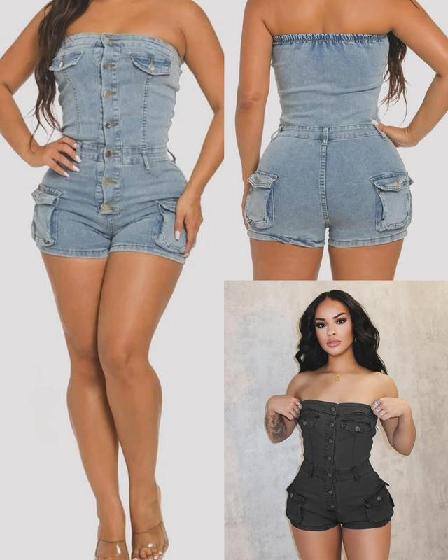 Women's Summer Denim Jumpsuit Sexy Sleeveless Jean Short Rompers with Pockets Womenswear Overalls Basic Casual Fashion Casual Fashion Comfort Fit