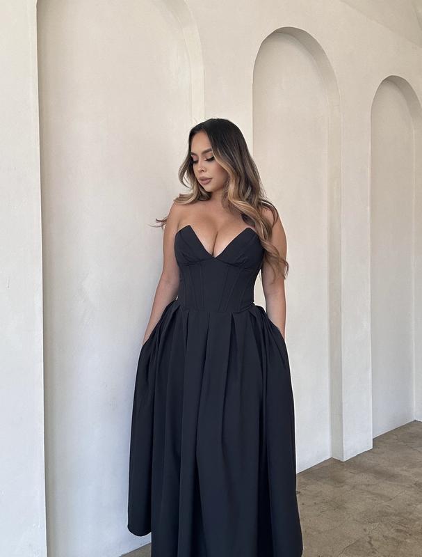 Charlotte Strapless Corset wedding guest Strapless womenswear midi Formal Pleated  Black dress with pockets Date night Clothing Pleated Chic Elegant Comfort Sleeveless