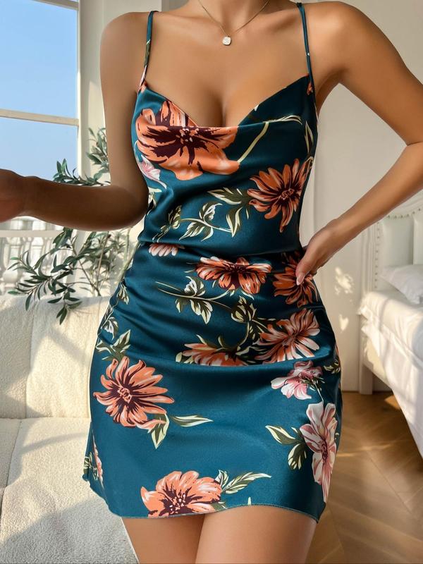 Women's Floral Print Criss Cross Draped Cami Nightdress, Sleeveless Spaghetti Strap Backless Nightgown, Summer Sleepwear for Women