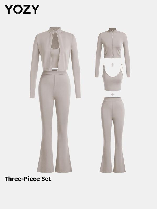 YOZY Three-piece Set Women's Solid Backless Crop Cami Top & Crop Zipper Jacket & Flare Leg Pants, Casual Fashion Adjustable Strap Camisole & Mock Neck Outwear & High Waist Trousers for Daily Outdoor Wear, Ladies Clothes for All Seasons