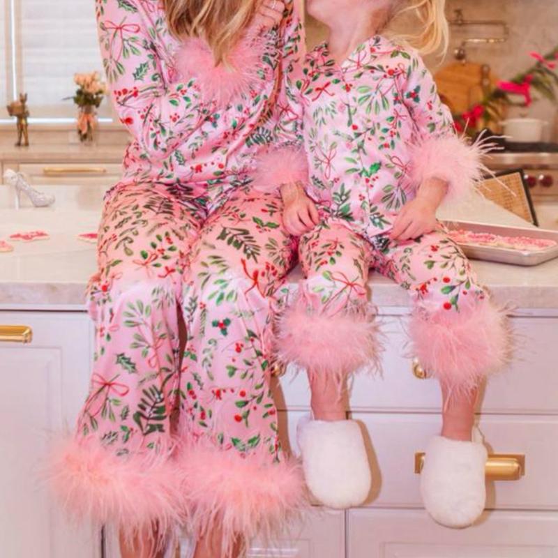 Hirigin Mommy and Me Christmas Pajamas Set Feather Trim Long Sleeve Button Down Matching Xmas Sleepwear for Mother Daughter family costume