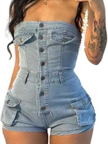 Women's Summer Denim Jumpsuit Sexy Sleeveless Jean Short Rompers with Pockets Womenswear Overalls Basic Casual Fashion Casual Fashion Comfort Fit