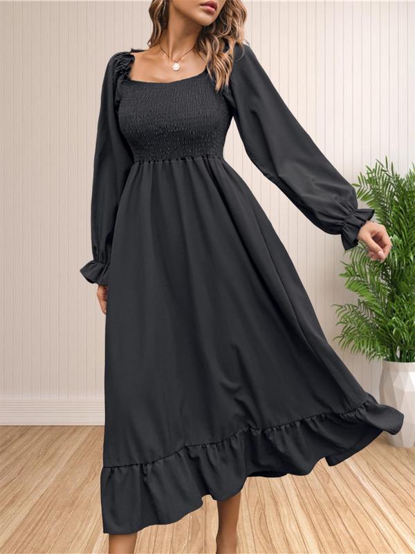 Plain Frill Trim Shirred Ruffle Trim A Line Dresses for Women, Elegant Long Sleeve Square Neck Long Dress for Party Holiday Wedding Guest, Birthday Dresses 2024, Ladies Fall & Winter Clothes, Dresses for Women, Wedding Guest Dress, Fall Clothing Women