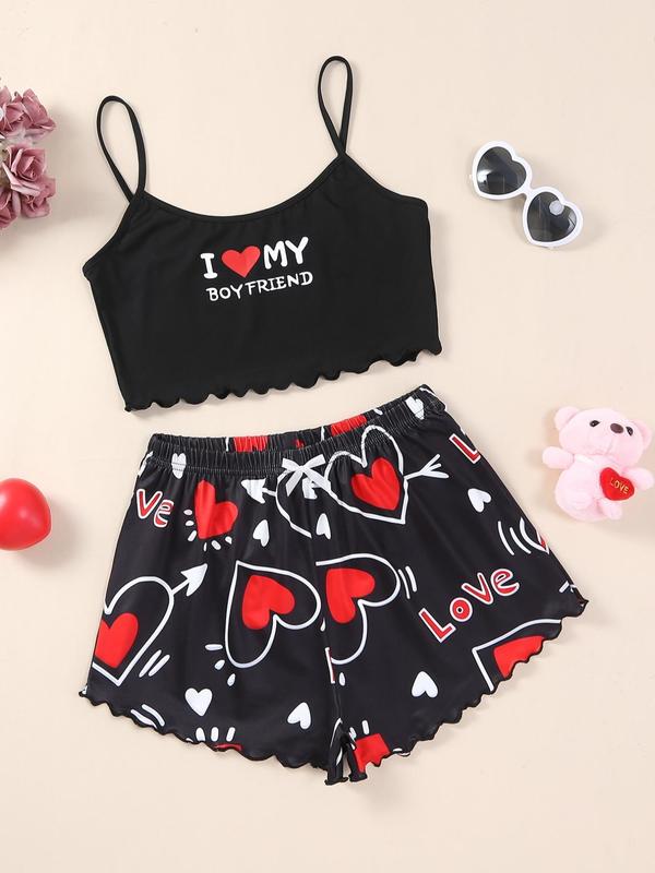 Two Four Pieces Women's Heart Print Scallop Crop Sleeveless Cami Top & Bow Decor Shorts Pj Co-ord Set for Home Wear, Pajama Sets Women, Cute Nightwear Homewear Pjs for Lady, Summer Wear, Pjs Homewear Birthday Wear Black Girl