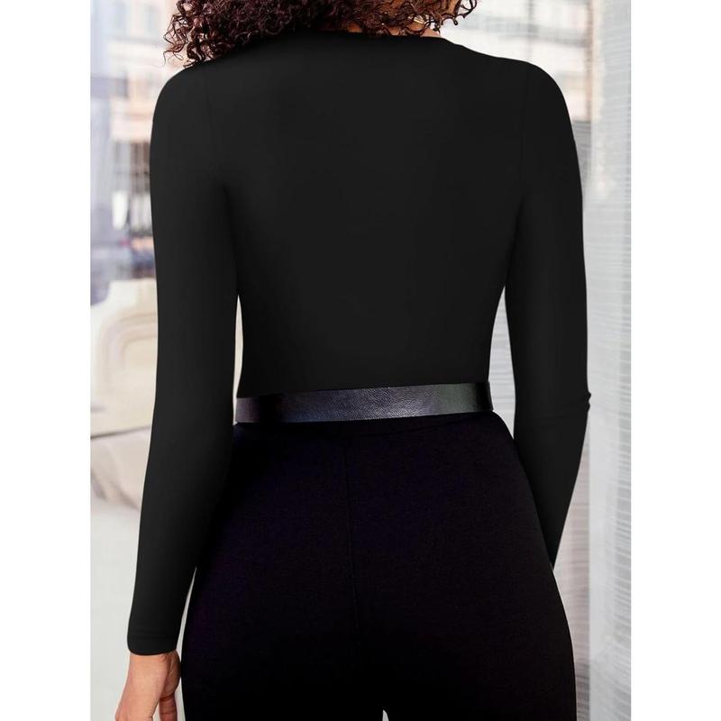 2024-Women's Sexy Plunge Deep V Neck Long Sleeve Bodysuit Double Lined Going Out T Shirt Tops