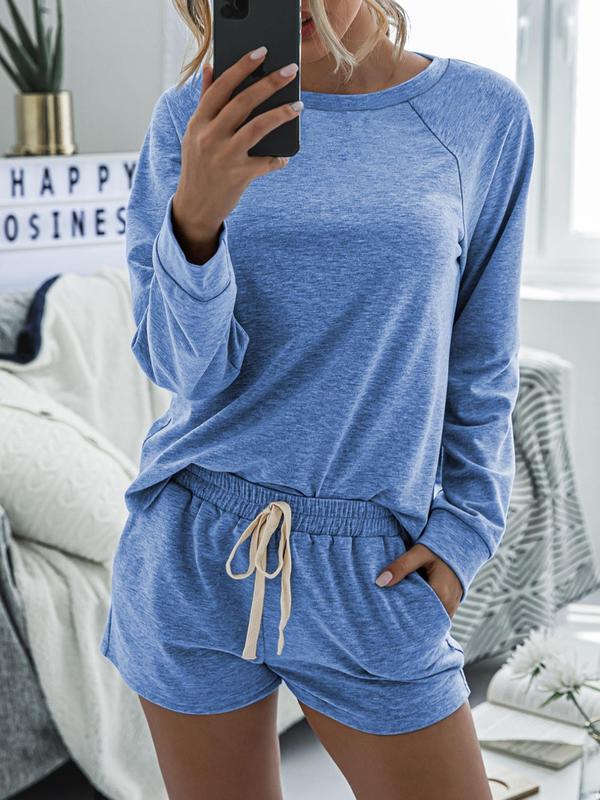 Women's Solid Raglan Sleeve Tee & Drawstring Waist Shorts Loungewear Two-piece Set, Casual Comfy Round Neck Top & Pocket Shorts PJ Set, Ladies Sleepwear for Spring & Fall