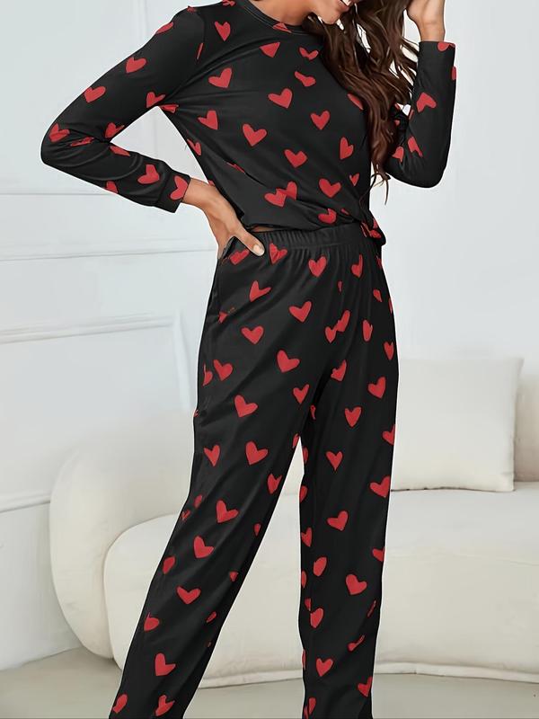 Two-Piece Set Women's Heart Print Round Neck Tee & Elastic Waist Pants Pyjama Set, Crew Neck Long Sleeve T-Shirt & Trousers Set, Fashion Soft PJ Homewear, Casual Comfy Sleepwear Set for Women, Womenswear