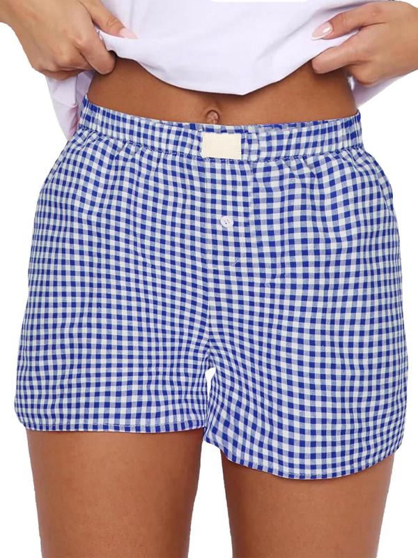 Women's Plaid Print Button High Waist Shorts, Casual Comfy Elastic Waist Wide Leg Shorts for Summer, Fashion Women's Bottoms for Daily Wear