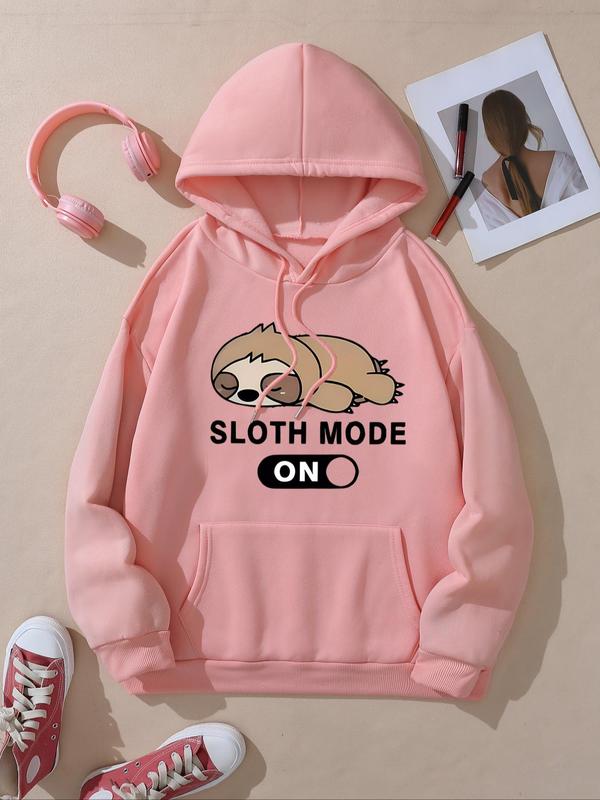 Women's Cartoon Sloth Graphic Print Drawstring Pocket Hoodie, Casual Drop Shoulder Long Sleeve Hooded Sweatshirt, Lady Fall & Winter Clothes for Daily Wear