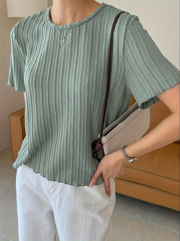 Women's Plain Textured Lettuce Trim Round Neck Tee, Casual Short Sleeve T-shirt for Summer, T Shirts for Women, Ladies Clothes for Daily Wear, Going Out Tops, Summer Outfits 2024, Back To School Outfit