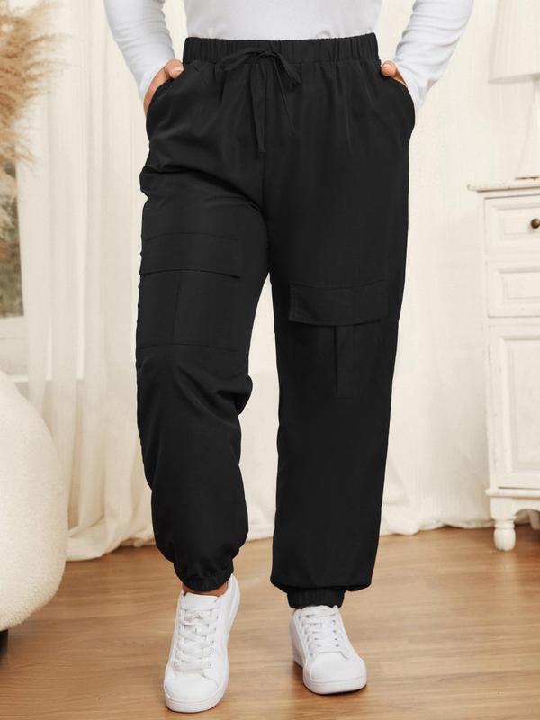 CURVZY Plus Size Solid Drawstring Waist Pocket Jogger Pants, Casual Comfy Trousers for Women, Women's Bottoms for Fall & Winter