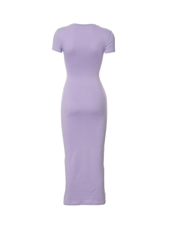 Women's Solid Round Neck Bodycon Dress, Summer Dresses 2024, Casual Short Sleeve Midi Sundress for Daily Outdoor Wear, Dresses for Women, Ladies Clothes for Summer, Women's Clothing