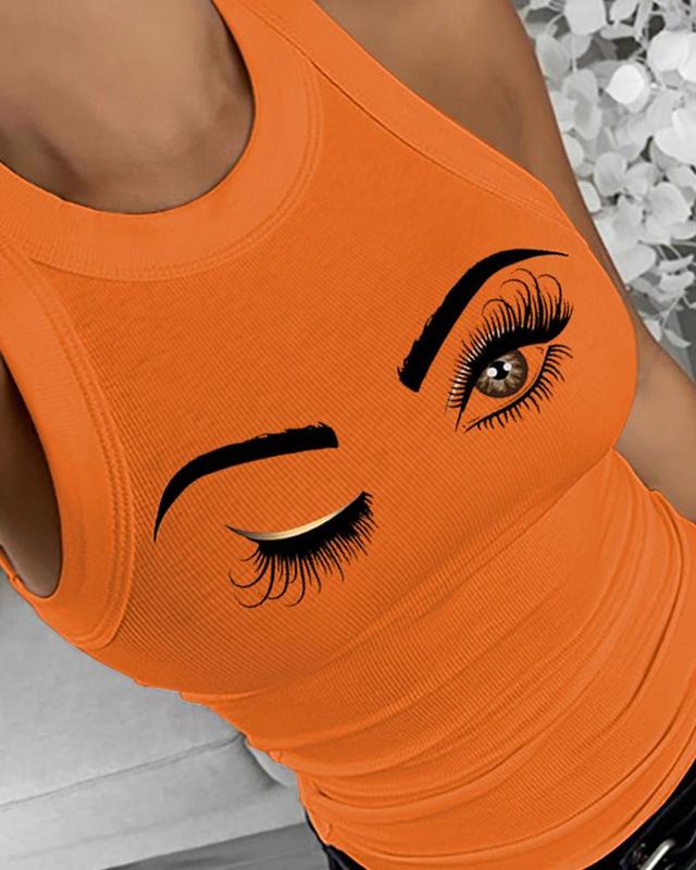 ChicMe 3 Piece Eyelash Print Women Sleeveless Casual Tank Tops Slim Fitted Basic Layering Shirts Soft Womenswear