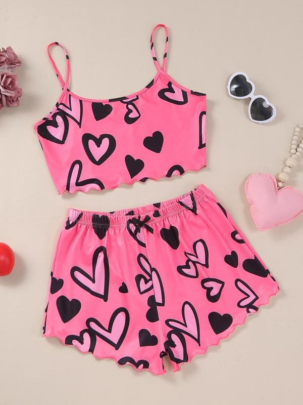 Two Four Pieces Women's Heart Print Scallop Crop Sleeveless Cami Top & Bow Decor Shorts Pj Co-ord Set for Home Wear, Pajama Sets Women, Cute Nightwear Homewear Pjs for Lady, Summer Wear, Pjs Homewear Birthday Wear Black Girl