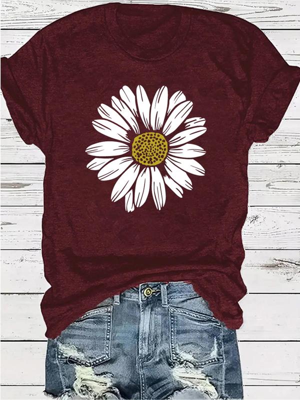 Women's Womenswear Floral Print Round Neck Tee, Casual Comfort Short Sleeve Crew Neck T-shirt for Summer, Streetwear Fashion Women's Top for Daily Wear