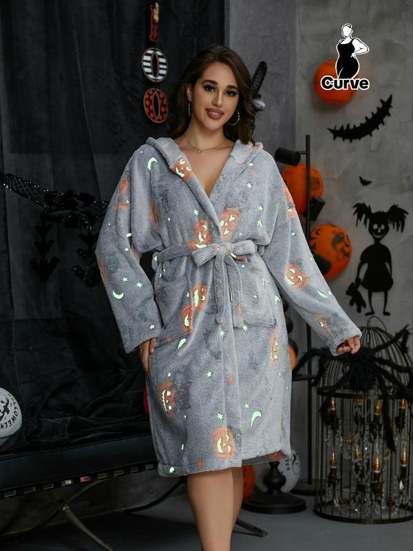  Christmas Cartoon Pumpkin Print Glow In The Dark Belted Hooded Lounge Robe, Casual Long Sleeve Pocket Design Halloween Themed Dressing Gown, Sleep Dress, Halloween Pajamas, Women's Sleepwear for Fall & Winter