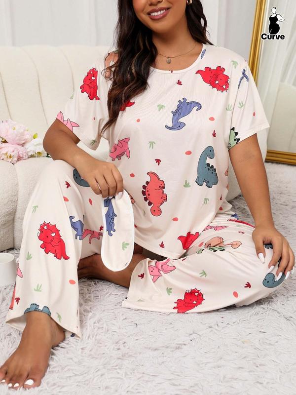 Plus Size Two-Piece Set Cartoon Dinosaur Print Tee & Pants & Eye Mask Pyjama Set, Casual Short Sleeve T-shirt & Trousers & Eye Cover, Women's Summer Sleepwear