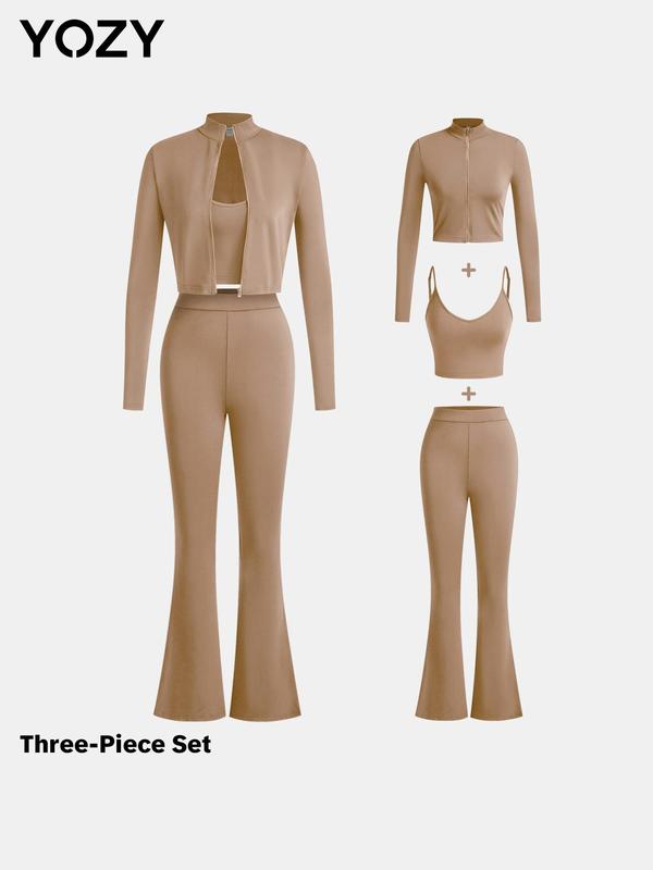 YOZY Three-piece Set Women's Solid Backless Crop Cami Top & Crop Zipper Jacket & Flare Leg Pants, Casual Fashion Adjustable Strap Camisole & Mock Neck Outwear & High Waist Trousers for Daily Outdoor Wear, Ladies Clothes for All Seasons