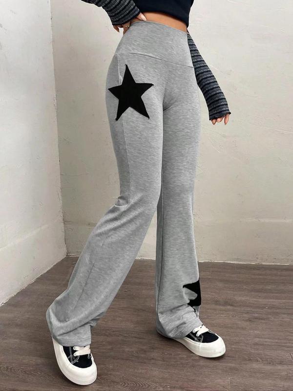 Women's Star Patched Flare Leg Pants, Casual Comfy Bell Bottom Trousers for Spring & Fall, Women's Bottoms for Daily Wear