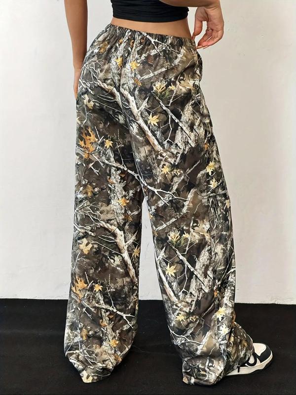 Women's Camo Print Drawstring Waist Wide Leg Pants, Casual Pocket Trousers for Daily Wear, Ladies Bottoms for All Seasons