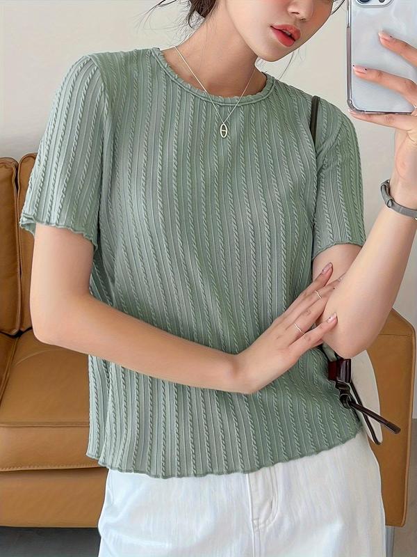 Women's Plain Textured Lettuce Trim Round Neck Tee, Casual Short Sleeve T-shirt for Summer, T Shirts for Women, Ladies Clothes for Daily Wear, Going Out Tops, Summer Outfits 2024, Back To School Outfit