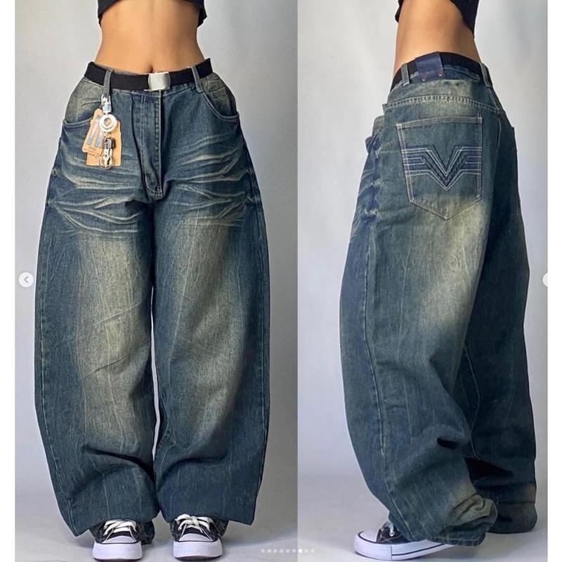 Jeans Retro Street Jeans New High Street Hip-Hop Pocket Loose Wide-Leg Pants Y2K Harajuku Gothic High Waist Denim Trousers Tide