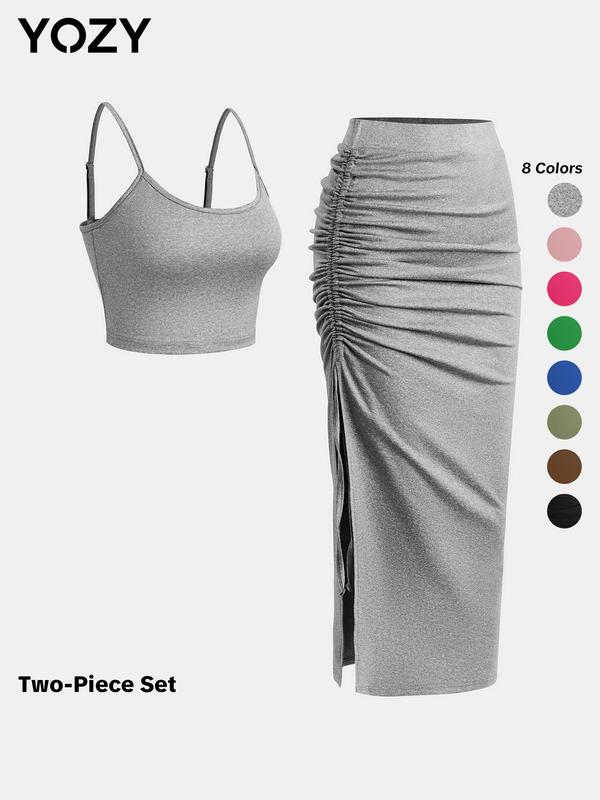 YOZY [9 colors, size 0 2-14] Adjustable Strap Crop Cami Top & Drawstring Split Thigh Skirt Set, Casual Sleeveless Top & Elastic Waist Ruched Skirt Set, 2024 Women's Summer Outfits for Daily, [XS-XXL]