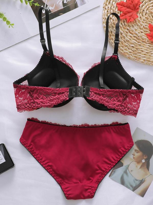 Two-Piece Set Women's Contrast Lace Push Up Bra & Panty Set, Breathable Adjustable Lace Lingerie Set, Two-Piece Lingerie Set for Women Daily Wear