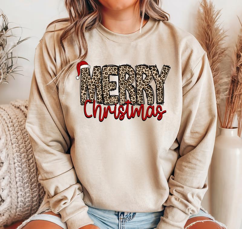 Merry Christmas Leopard Crewneck, Christmas Sweater