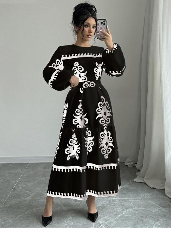 Women's Random Floral Print Long Sleeve Dress, Boho Fashion Casual Long Dress for Daily Holiday Vacation Wear, Women Dress for Fall & Winter