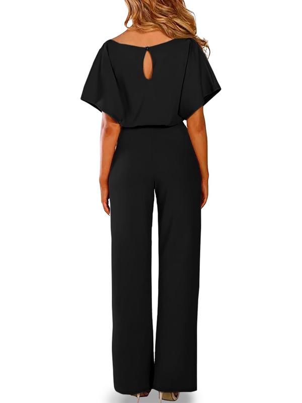 Women's Plain Cut Out Tie Front Batwing Sleeve Jumpsuit, Casual Simple Short Sleeve Straight Leg Romper for Summer, Back To School Fashion Women's Jumpsuit for Daily Wear