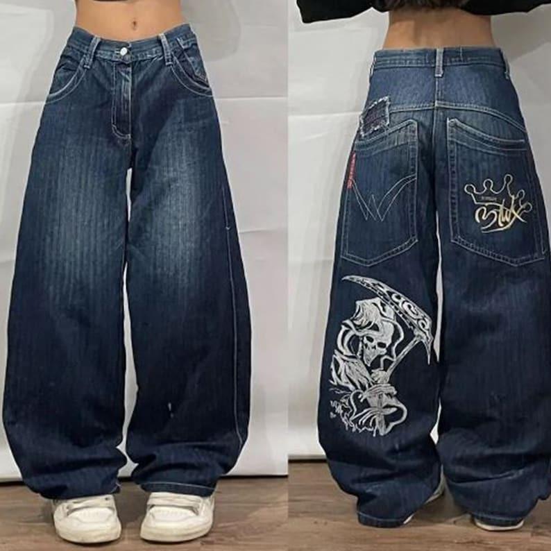 Y2K Hip Hop Street Oversized Jeans, Grunge Death Print Baggy Jeans, Skull Embroidered Jeans, Y2K Jeans, Plus Size jeans