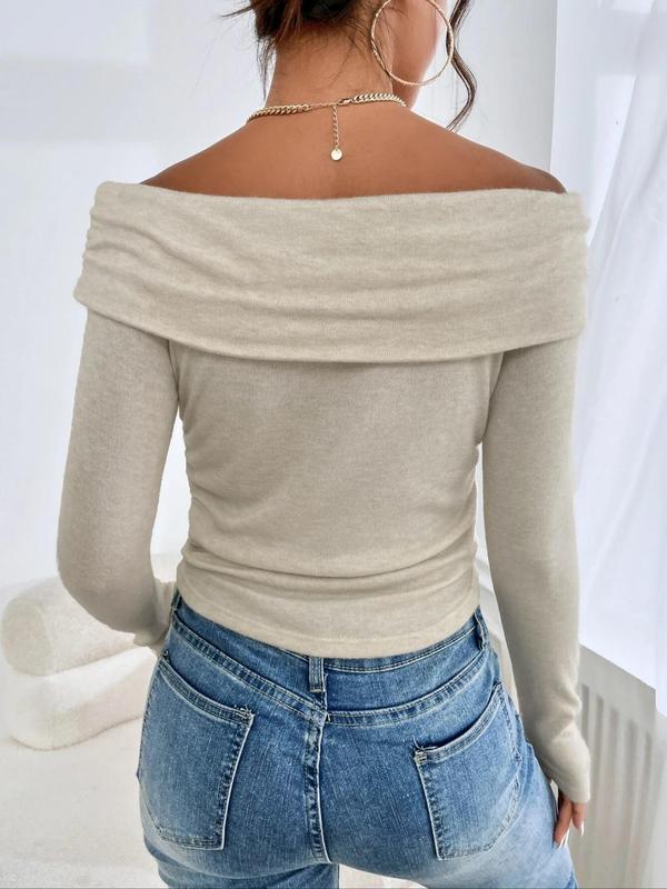 Women's Plain Ruched Off Shoulder Tee, Casual Top, Long Sleeve T-Shirt for Spring & Fall, Women's Clothing for Daily Wear