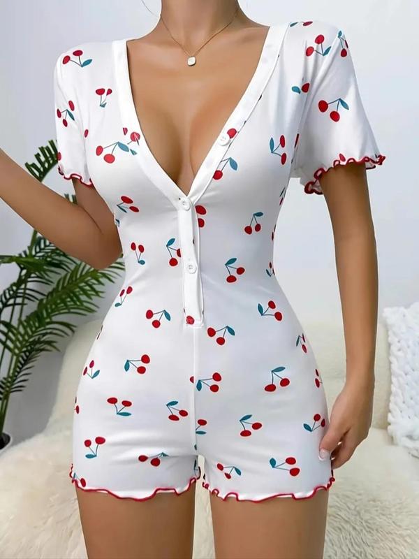 Women's Cherry Print Buttons Deep V Neck Lettuce Trim Vintage Romper, Fashion Casual Short Sleeve Skinny Romper for Summer, Ladies Clothes for Daily Wear