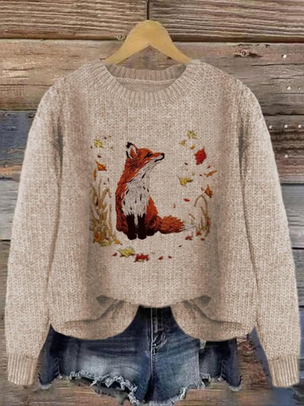 Women's Fox & Leaf Print Drop Shoulder Sweater, Casual Long Sleeve Round Neck Jumper for Fall & Winter, Fashion Ladies' Knitwear for Daily Wear