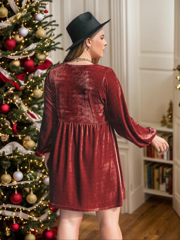  Contrast Lace Bishop Sleeve Velvet Dress, Elegant V Neck Long Sleeve Short Dress for Party Holiday Wedding Guest, Women's Clothes for Fall & Winter