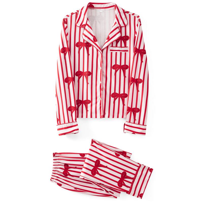 New Red Family Matching Pajama Set Lapel Neck Button-up Long Sleeve Tops Long Pants 2-Piece Bow Solid Color Loungewear Outfit