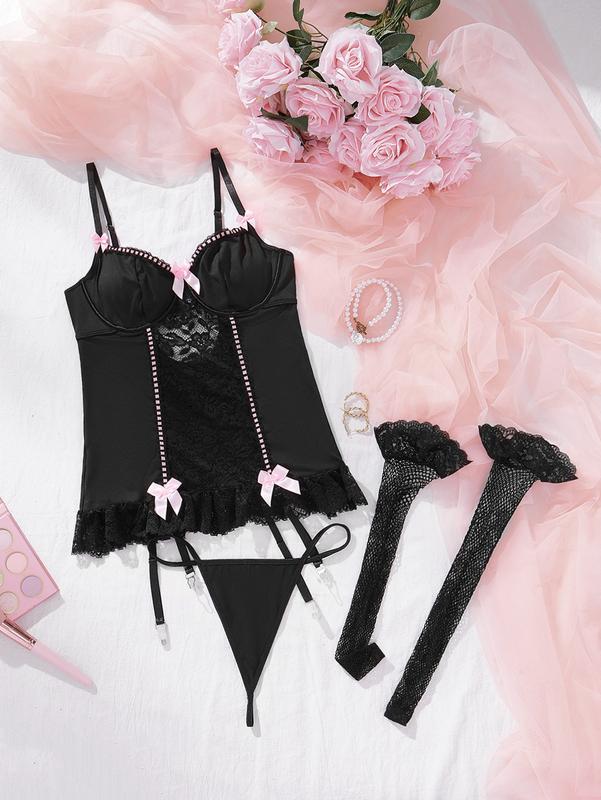 4 Piece Sets Floral Lace Bow Front Garter Belt Babydoll Bustier Set with 1 Pair Stockings