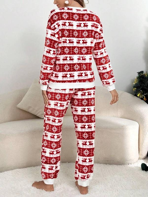 Two-Piece Set Women's Christmas Print Long Sleeve Top & Pants Plush Pajama Set, Casual Comfy Round Neck Top & Trousers Thermal PJ Set, Women's Sleepwear for Fall & Winter