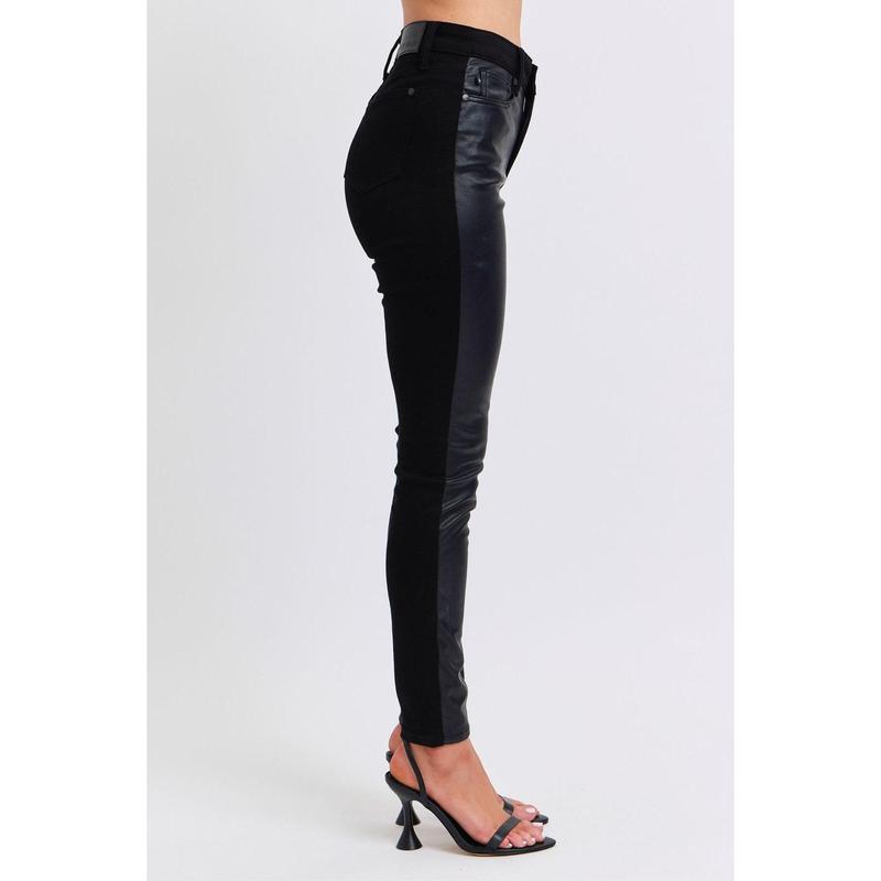 JUDY BLUE HI WAIST BLACK FAUX LEATHER & DENIM SKINNY JEANS