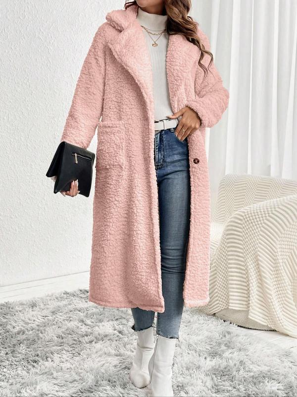 Women's Solid Button Front Split Hem Thermal Lined Coat, Casual Long Sleeve Lapel Neckline Plush Outerwear for Fall & Winter, Women's Clothing for Daily Wear, Winter Clothes Women, Coats for Winter Women 2024