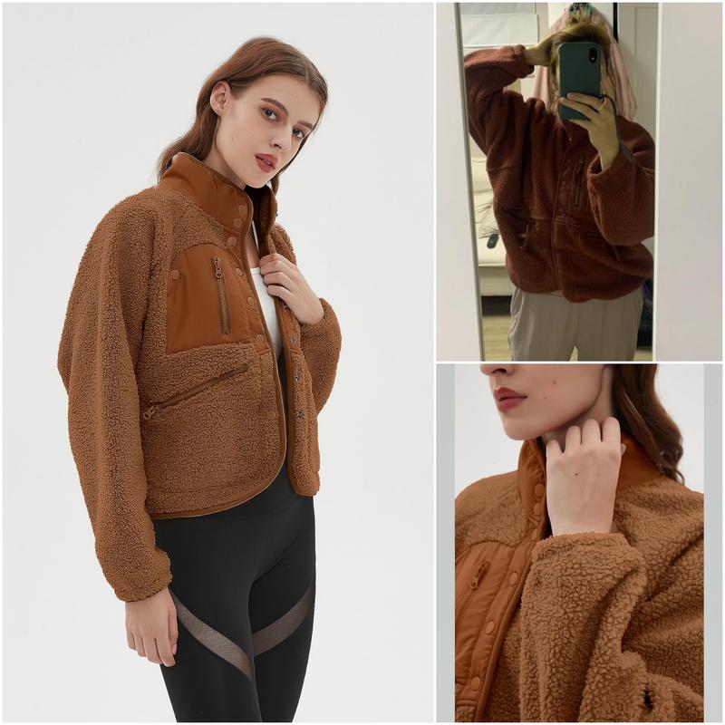 Tanming Women's Cropped Sherpa Jacket Button Down Fuzzy Fleece Patchwork Bomber Jackets Shacket Teddy Coat Outerwear