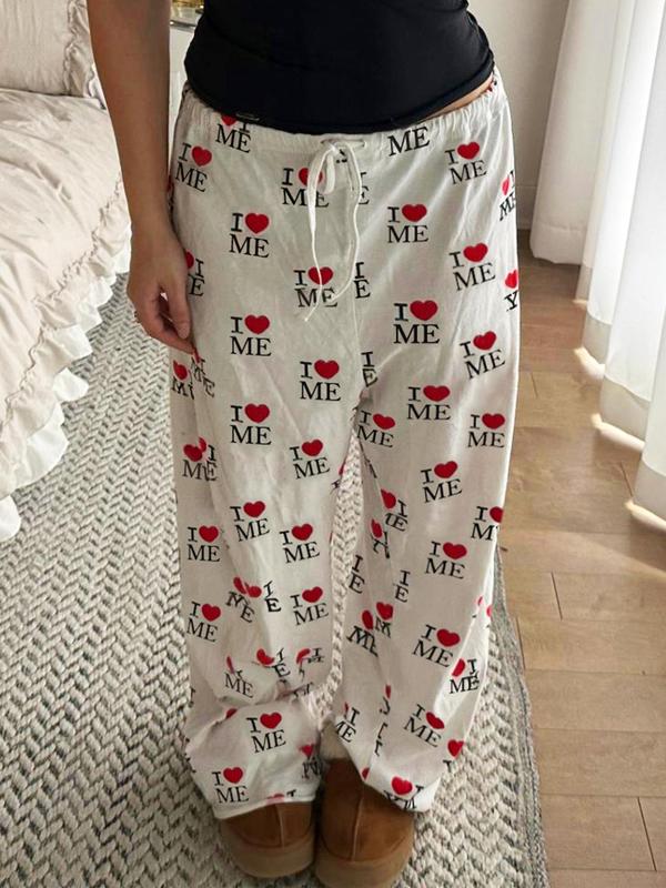 Women's Heart & Letter Print Tie Front Pants, Casual Comfy Elastic Waist Trousers for Daily Wear, Ladies Bottoms for Fall & Winter