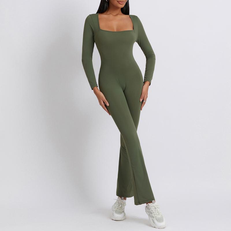 Women Jumpsuit, Long Sleeve Square Neck Solid Slim Fit Ladies Fall Romper Clubwear