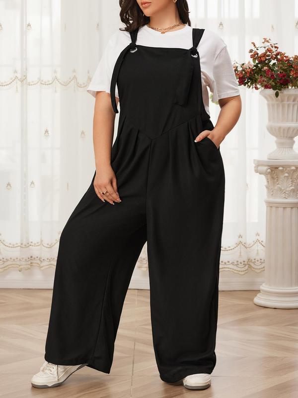 CURVZY Plus Size Solid Pocket Wide Leg Jumpsuit without Tee, Casual Knot Front Sleeveless Overall Jumpsuit for Summer & Fall, Women's Plus Clothing for Daily Wear