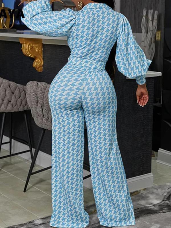 Women's Houndstooth Print Belted Wide Leg Jumpsuit, Elegant Bishop Sleeve V Neck Jumpsuit for Daily Wear, Ladies Clothes for All Seasons, Winter Clothes Women, Jumpsuits for Women