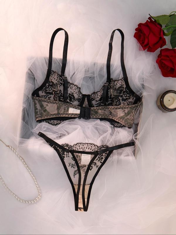 Women's Floral Embroidery Contrast Lace Bra & Thong Sexy Lingerie Set, Adjustable Strap Bra & Panty, Lingerie Set for Women