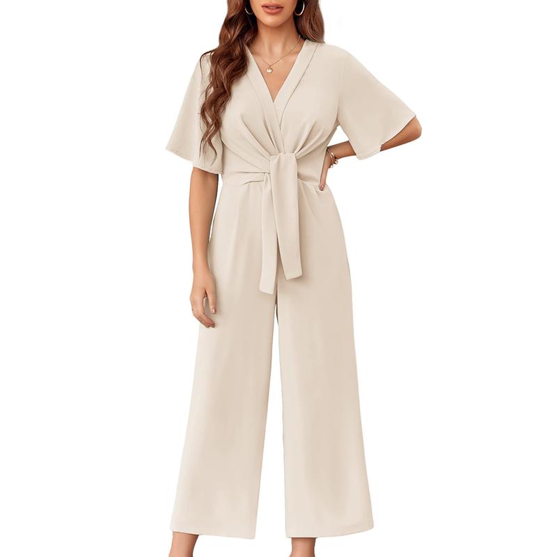 Tankaneo Womens Wide Leg Jumpsuits Short Sleeve Tie Knot Front Summer Long Romper