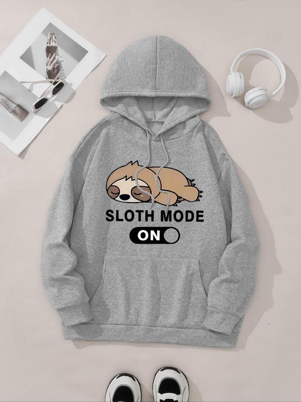 Women's Cartoon Sloth Graphic Print Drawstring Pocket Hoodie, Casual Drop Shoulder Long Sleeve Hooded Sweatshirt, Lady Fall & Winter Clothes for Daily Wear