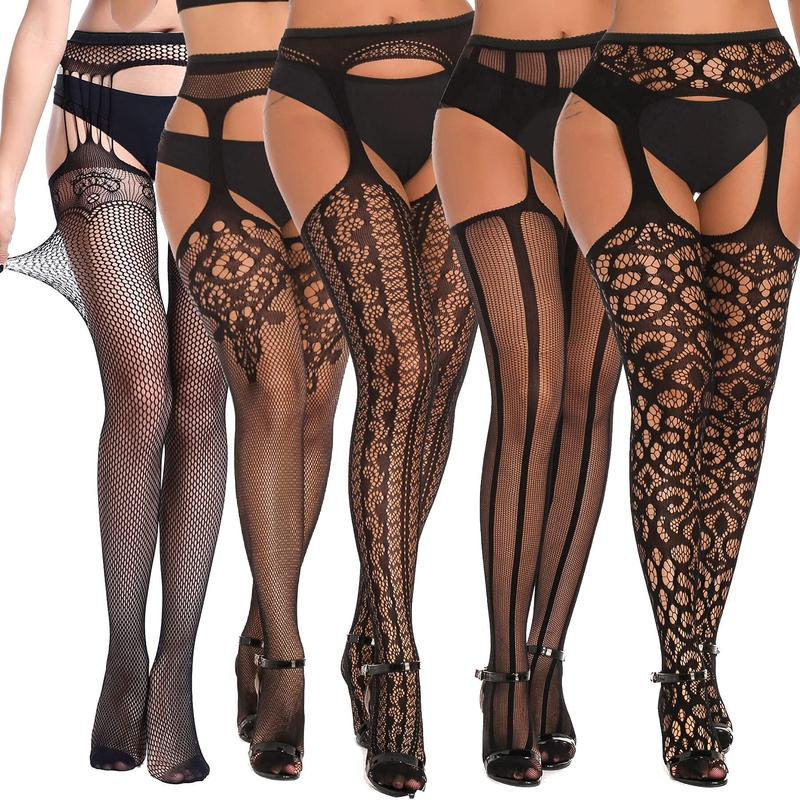 5 Pairs of Women's Fishnet Thigh High Garter Pattern Leggings, Garter Sets and Girls Garter Tights